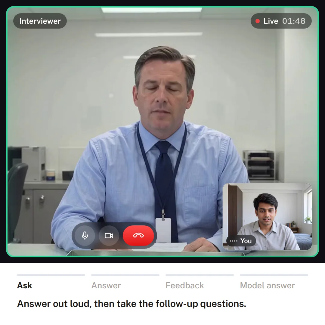 A Visaful mock B1/B2 visa interview: the AI officer asks how long you will stay, you answer out loud with live captions, then you get a score and a better answer