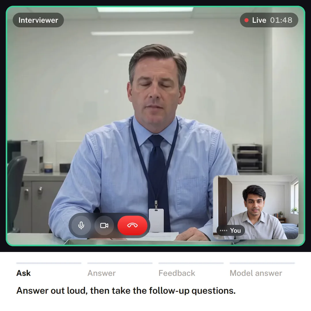 A live Visaful mock interview: the AI visa officer asks an F-1 student about plans after graduation, you answer out loud with live captions, then you get a score and a better answer
